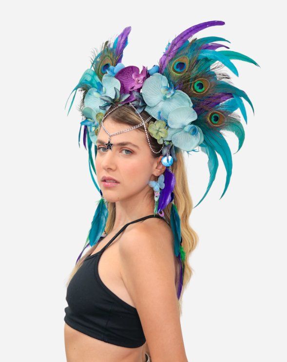 Headpiece de penas de pavão e flores